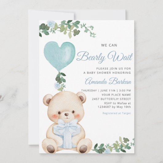 Boho Teddy Bear Boy Blue Bearly Wait Baby Shower Kaart (Voorkant)
