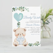 Boho Teddy Bear Boy Blue Bearly Wait Baby Shower Kaart (Staand voorkant)