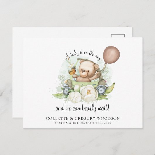 Boho Teddy Bear Brown Green Barly Wachten Zwangers Aankondigingskaart (Voorkant / Achterkant)