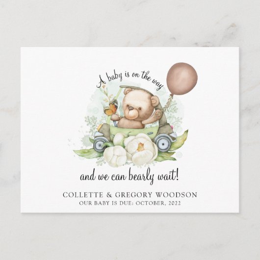 Boho Teddy Bear Brown Green Barly Wachten Zwangers Aankondigingskaart (Voorkant)