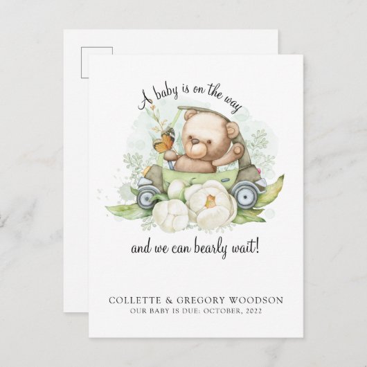 Boho Teddy Bear Brown Sage Green Barly Wacht Aankondigingskaart (Voorkant / Achterkant)
