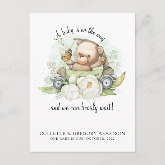 Boho Teddy Bear Brown Sage Green Barly Wacht Aankondigingskaart (Voorkant)