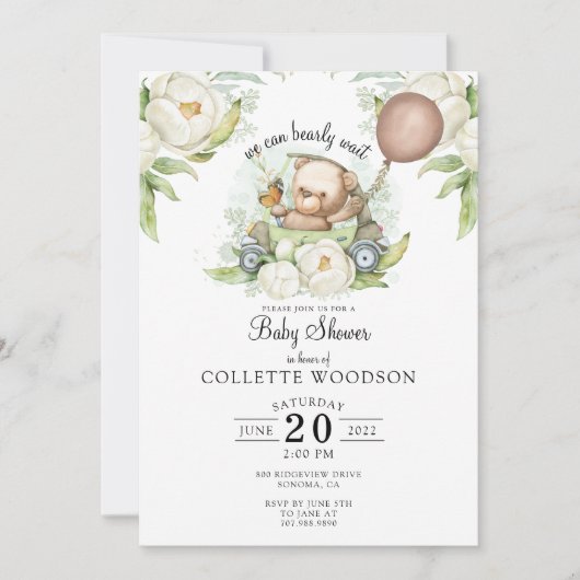 Boho Teddy Bear Brown Sage Green Barly Wait Invit Kaart (Voorkant)