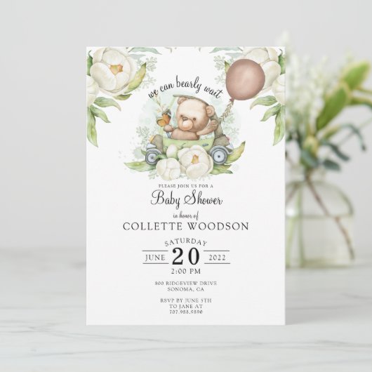 Boho Teddy Bear Brown Sage Green Barly Wait Invit Kaart (Staand voorkant)