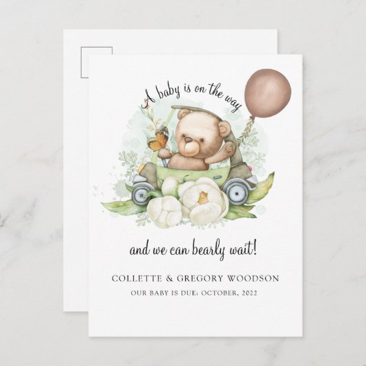Boho Teddy Bear Brown Sage Green Bearly Wait Anno Aankondigingskaart (Voorkant / Achterkant)