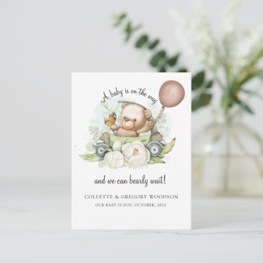 Boho Teddy Bear Brown Sage Green Bearly Wait Anno Aankondigingskaart (Staand voorkant)