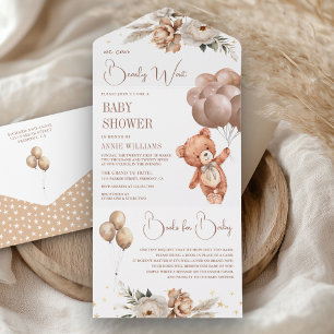 Boho Teddy Bear Bruine Ballonnen Floral Baby showe All In One Uitnodiging