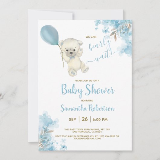 Boho Teddy Bear Dusty Blue Balloon Boy Baby shower Kaart (Voorkant)