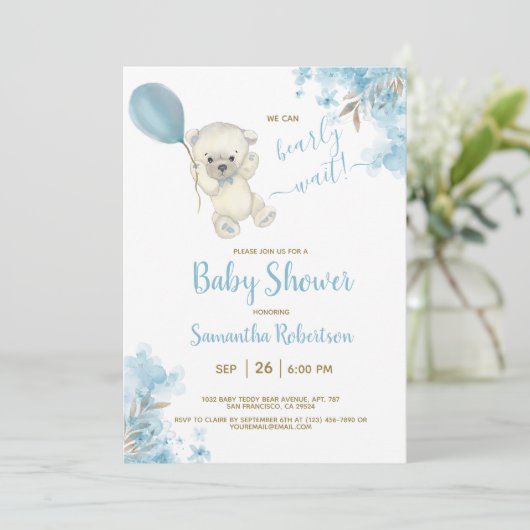 Boho Teddy Bear Dusty Blue Balloon Boy Baby shower Kaart (Staand voorkant)