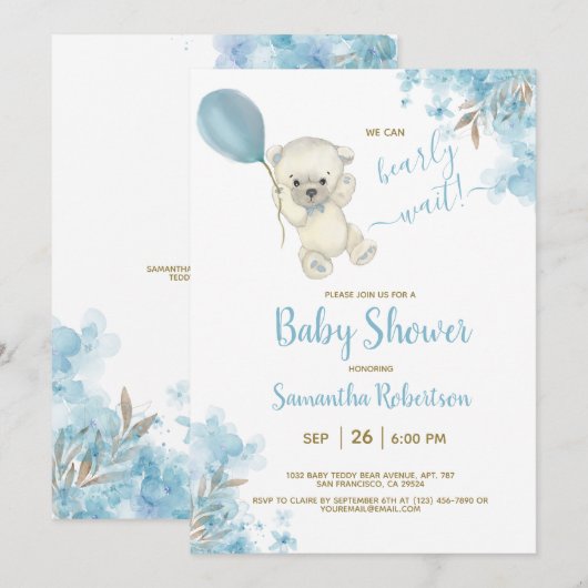 Boho Teddy Bear Dusty Blue Balloon Boy Baby shower Kaart (Voorkant / Achterkant)