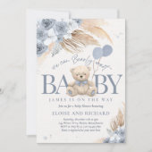 Boho Teddy Bear Dusty Blue Barly Wait Baby shower Kaart (Voorkant)