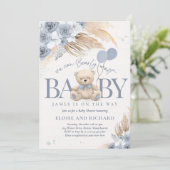Boho Teddy Bear Dusty Blue Barly Wait Baby shower Kaart (Staand voorkant)