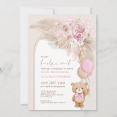 Boho Teddy Bear Dusty Pink Floral Baby Girl Shower Kaart (Voorkant)