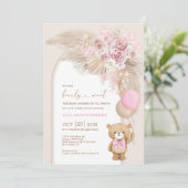 Boho Teddy Bear Dusty Pink Floral Baby Girl Shower Kaart (Staand voorkant)