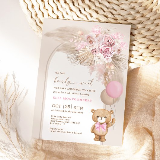 Boho Teddy Bear Dusty Pink Floral Baby Girl Shower Kaart