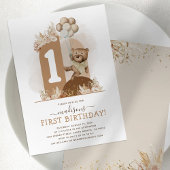 Boho Teddy Bear First Birthday Invitation Kaart