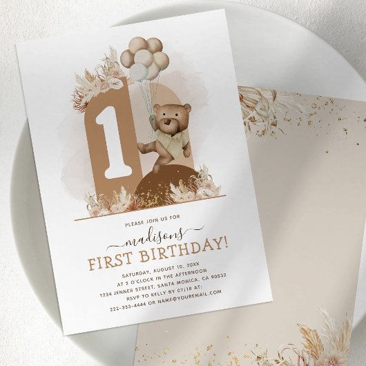 Boho Teddy Bear First Birthday Invitation Kaart