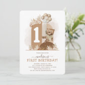 Boho Teddy Bear First Birthday Invitation Kaart (Staand voorkant)