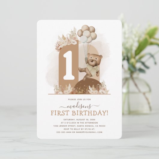 Boho Teddy Bear First Birthday Invitation Kaart (Staand voorkant)
