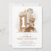 Boho Teddy Bear First Birthday Invitation Kaart (Voorkant)