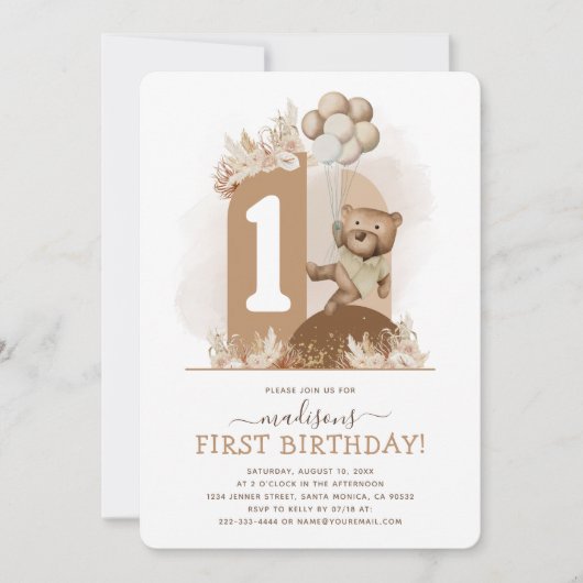 Boho Teddy Bear First Birthday Invitation Kaart (Voorkant)