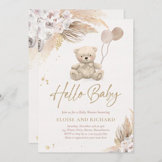 Boho Teddy Bear Gender Neutral Baby shower Kaart (Voorkant / Achterkant)