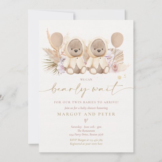 Boho Teddy Bear Gender Neutral Twin Baby shower Kaart (Voorkant)