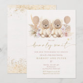 Boho Teddy Bear Gender Neutral Twin Baby shower Kaart (Voorkant / Achterkant)