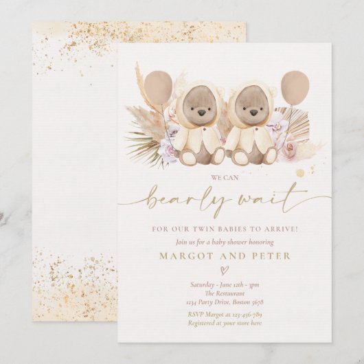 Boho Teddy Bear Gender Neutral Twin Baby shower Kaart (Voorkant / Achterkant)