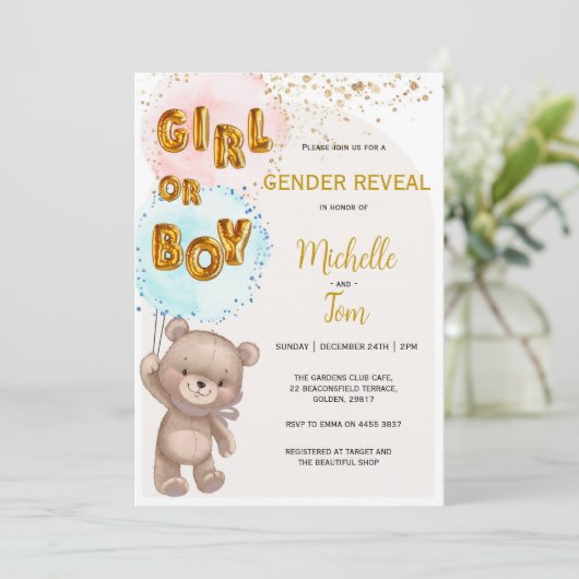 Boho Teddy Bear Gender onthulling Uitnodiging (Staand voorkant)