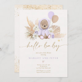 Boho Teddy Bear Girl Lila Barly Wait Baby shower Kaart