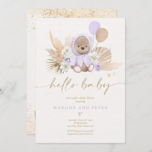 Boho Teddy Bear Girl Lila Barly Wait Baby shower Kaart