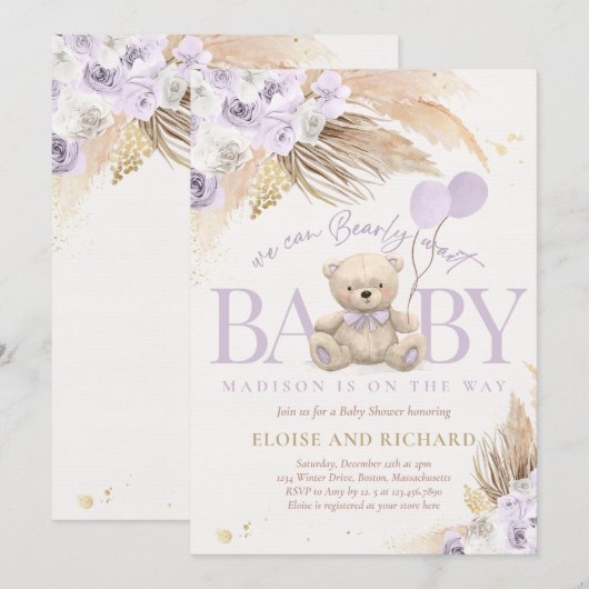 Boho Teddy Bear Girl Lila Barly Wait Baby shower Kaart (Voorkant / Achterkant)