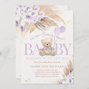 Boho Teddy Bear Girl Lila Barly Wait Baby shower Kaart