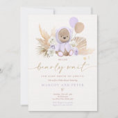 Boho Teddy Bear Girl Lila Barly Wait Baby shower Kaart (Voorkant)