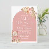 Boho Teddy Bear Girl Pink Baby shower Uitnodiging (Staand voorkant)