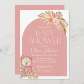 Boho Teddy Bear Girl Pink Baby shower Uitnodiging (Voorkant / Achterkant)