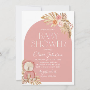 Boho Teddy Bear Girl Pink Baby shower Uitnodiging