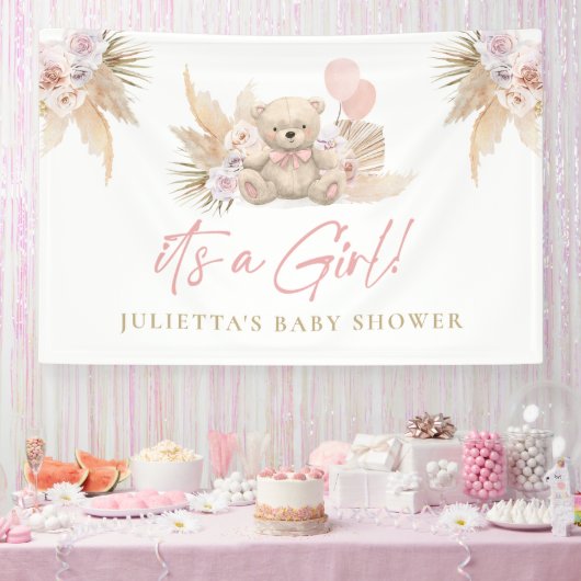 Boho Teddy Bear Girl Pink Baby shower Welkom Spandoek (Feest)