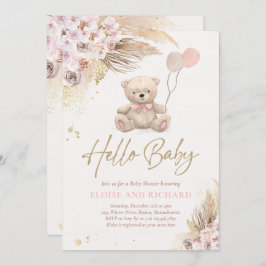 Boho Teddy Bear Girl Pink Barly Wake Baby shower Kaart