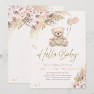Boho Teddy Bear Girl Pink Barly Wake Baby shower Kaart