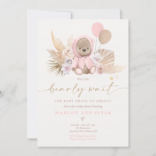 Boho Teddy Bear Girl Pink Barly Wake Baby shower Kaart (Voorkant)