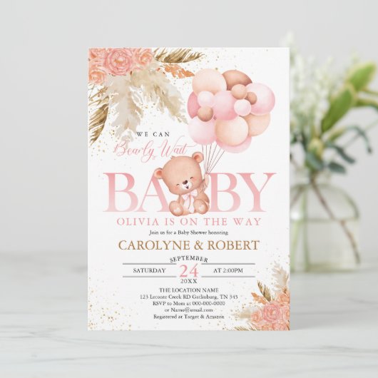 Boho Teddy Bear Girl Pink Barly Wake Baby shower Kaart (Staand voorkant)