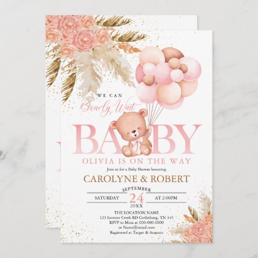 Boho Teddy Bear Girl Pink Barly Wake Baby shower Kaart (Voorkant / Achterkant)