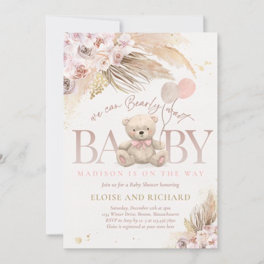 Boho Teddy Bear Girl Pink Barly Wake Baby shower Kaart (Voorkant)