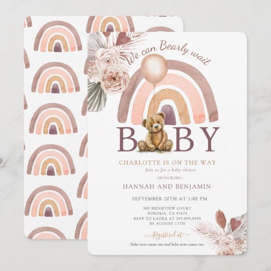 Boho Teddy Bear Girl Pink Barly Wake Baby shower Kaart (Voorkant / Achterkant)