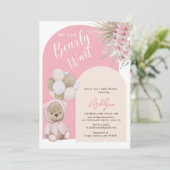 Boho Teddy Bear Girl Pink Barly Wake Baby shower Kaart (Staand voorkant)
