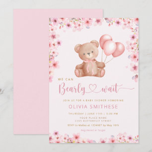 Boho Teddy Bear Girl Pink Barly Wake Baby shower Kaart