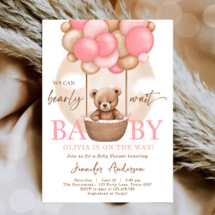 Boho Teddy Bear Girl Pink Barly Wake Baby shower Kaart