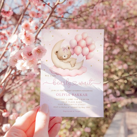 Boho Teddy Bear Girl Pink Barly Wake Baby shower Kaart
